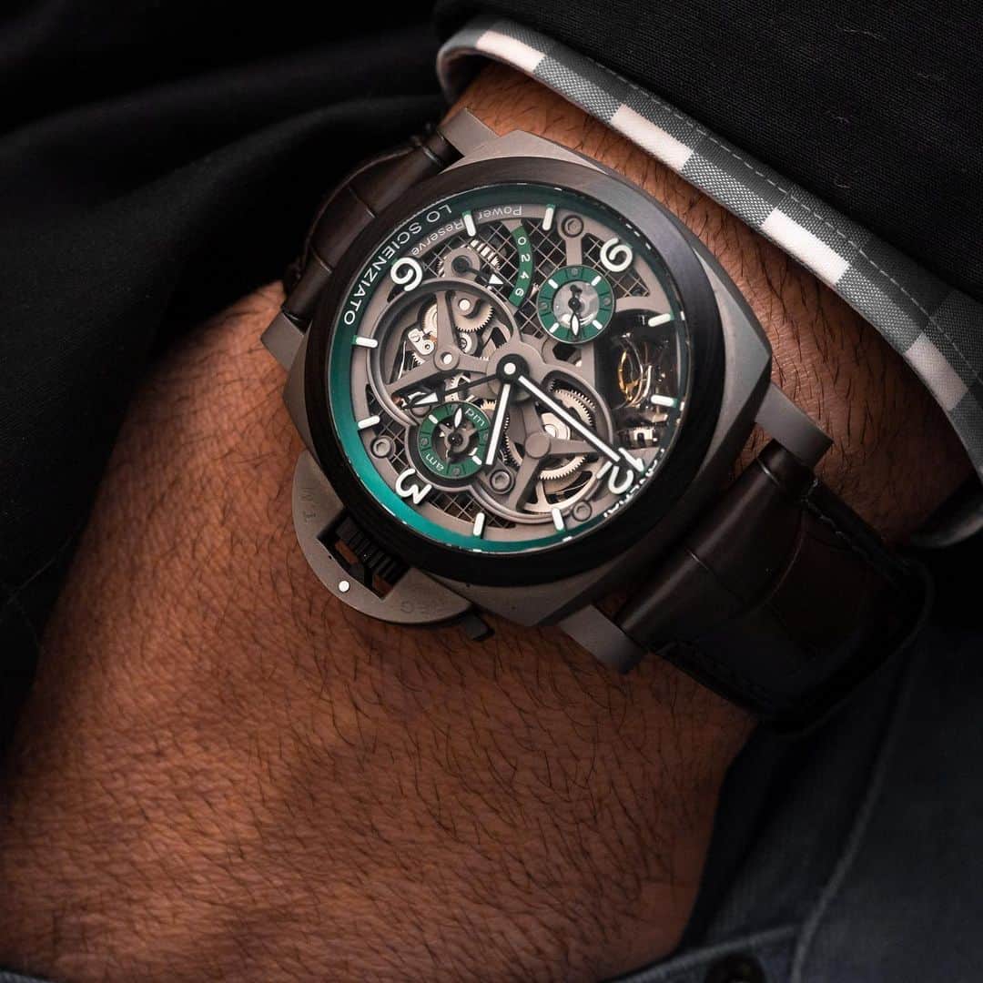 パネライのインスタグラム：「An absolutely stunning capture of a technologically advanced time piece from #Panerai. The #PAM768 Luminor Tourbillon Titanium with skeletonize movement.  The titanium case is actually 3D printed layer by layer to give it a hollow construction allowing it to be under 100 grams in weight fully complete with movement and all.  What do you think?  Pic by my good friend @watch_gk」