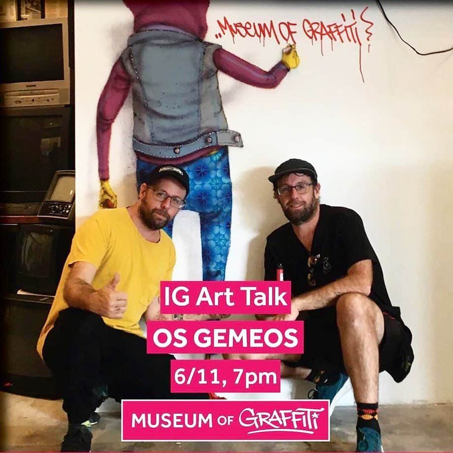 osgemeosのインスタグラム：「Live tonight at 7 pm (Miami local time ) on the @museumofgraffiti with our brother @carlosmare ! Hoje as 20:00 (horário de Brasília) estaremos ao vivo em um bate papo com o legendário @carlosmare, um dos responsáveis junto a Alan Ket ( @graffitiartcollector ) por criar o primeiro museu dedicado a verdadeira história do graffiti norte americano! #oldschool #graffiti #bboys #bgirls #rap #dj #graffitimuseum」