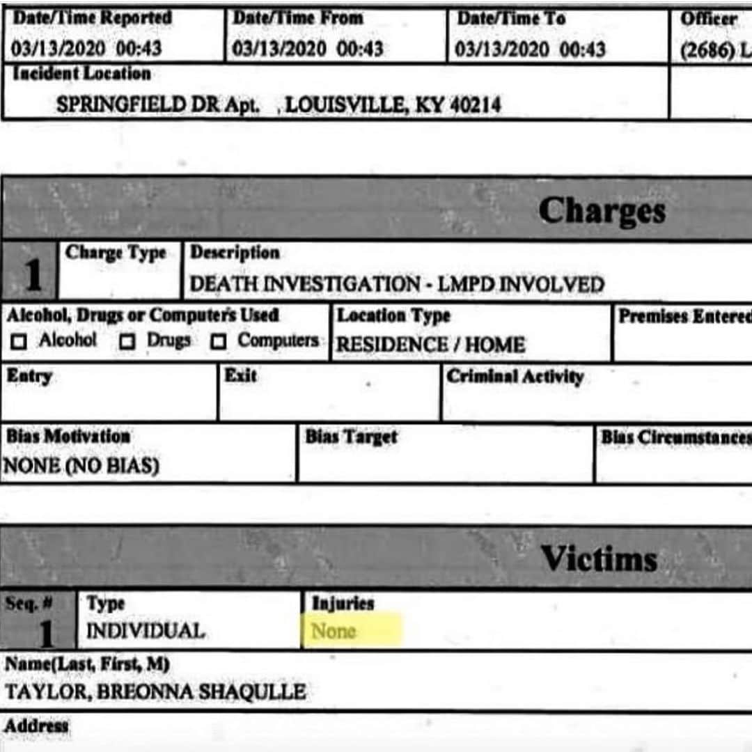 ウォーク・ザ・ムーンのインスタグラム：「have you seen this? the official Breonna Taylor incident report from the louisville police department... its 4 pages long. it says Breonna suffered no injuries (she was shot eight times). it says there was no forced entry (police used a battering ram). this is unacceptable. we must hold local authorities responsible, and we must demand #justiceforbreonnataylor. #sayhername #blacklivesmatter」