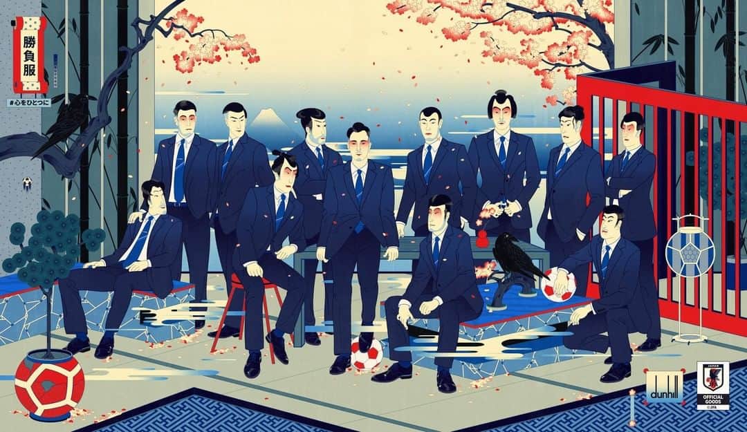 日本サッカー協会さんのインスタグラム写真 - (日本サッカー協会Instagram)「ダンヒル 2020 サッカー日本代表オフィシャルスーツ SAMURAI BLUEコレクション ビジュアル発表！  日本代表オフィシャルプロバイダーのダンヒルの2020のコレクションのビジュアルが発表されました。 オーストラリアメルボルンを拠点に活動するアーティスト、アンドリュー・アーチャー氏によるイラストが印象的です😊 過去数年のサッカー日本代表チームの写真から発想を得、富士山と桜の花を背景にした日本的でクラシックなシーンの中に、サッカー日本代表オフィシャルスーツを身に着けた人物たちが描かれています✨✨ ・ #SAMURAIBLUE の選手たちがスーツを着た姿が早く見たいですね😉 ・ 詳しくはこちらダンヒル公式サイトをご覧ください https://www.dunhill.com/jp ・ #dunhill #SHOBUHUKU #勝負服 #心をひとつに #daihyo」6月12日 15時49分 - japanfootballassociation