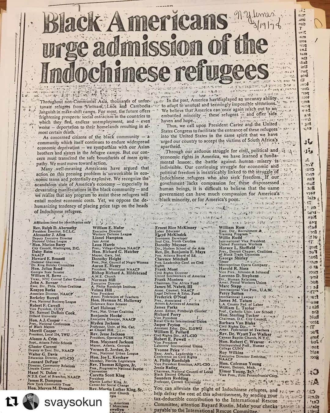 エレン・ウォンのインスタグラム：「Let’s keep building unity and solidarity. Not only because the Black community has always been advocating for us from the very beginning, but because it’s the right thing to do. The fear of speaking up because we might make our family a target is something that comes from our parents’ generation. They had to stay silent to in order to survive the Cambodian genocide. It’s time to break that fear and silence. We are in a position where speaking up against anti-blackness is our right and duty. #blacklivesmatter  And to be honest, I am feeling so much fear and discomfort speaking up, but I know it’s because I was taught that I am only safe when I am silent. Let’s work through all this together. Please keep joining me in this work. Thank you to @svaysokun for putting in the time to find this in the @nytimes archives March 19, 1978. • #Repost @svaysokun with @get_repost ・・・ I’m taking Southeast Asian diaspora, particularly Khmers, to task. When the US did not want to admit us, Black Americans came out in support (see image with statement and list of prominent names, including Coretta Scott King). Show up like they did for us. [Photo is from my visit to the NYPL archives.] Thanks in advance for crediting me for the photo and my labor.」