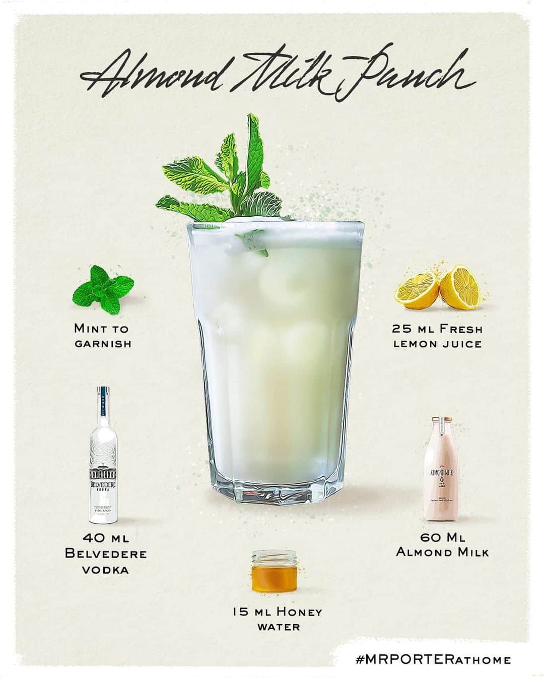 MR PORTERのインスタグラム：「You might be partial to an almond milk latte. But what about something a little stronger? For this week's Happy Hour we're mixing up the Almond Milk Punch. Bottoms Up. 🍹 #MRPORTERathome  40 ml @belvederevodka 25 ml Fresh lemon juice 15 ml Honey water* 60 ml Almond milk Mint to garnish *Honey Water: combine 3 parts honey and 1 part water (3:1)」