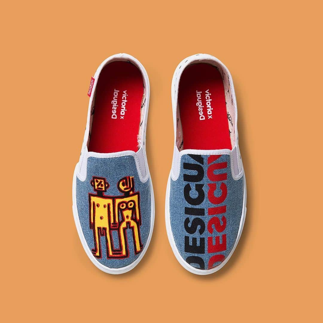 デシグアルのインスタグラム：「Yes, the 80s are back. Have you recognized our iconic Humans? Find them on these retro slip-on sneakers! #VictoriaXDesigual」