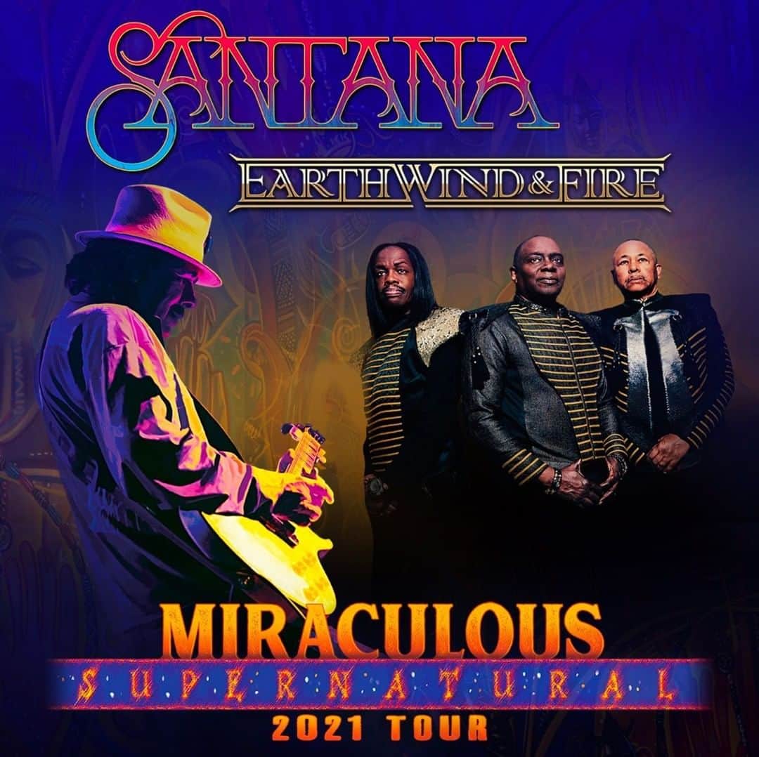 のインスタグラム：「We are pleased to announce the rescheduled dates for our Miraculous Supernatural Tour with Santana. The tour will now begin on June 18, 2021 in Chula Vista, CA, and end on August 28, 2021 in Tampa, FL; the full list of rescheduled dates is below. Previously purchased tickets will be valid for the new dates unless ticket holders opt for a refund within 30 days. Emails will be sent to ticket holders notifying them of their options.  A new date for the postponed George, WA show will be announced soon. Unfortunately, previously scheduled shows in Montreal and Nashville have been canceled due to scheduling issues, and refunds will be available at point of purchase. To purchase tickets for the 2021 tour, please visit http://EarthWindAndFire.com/tour」