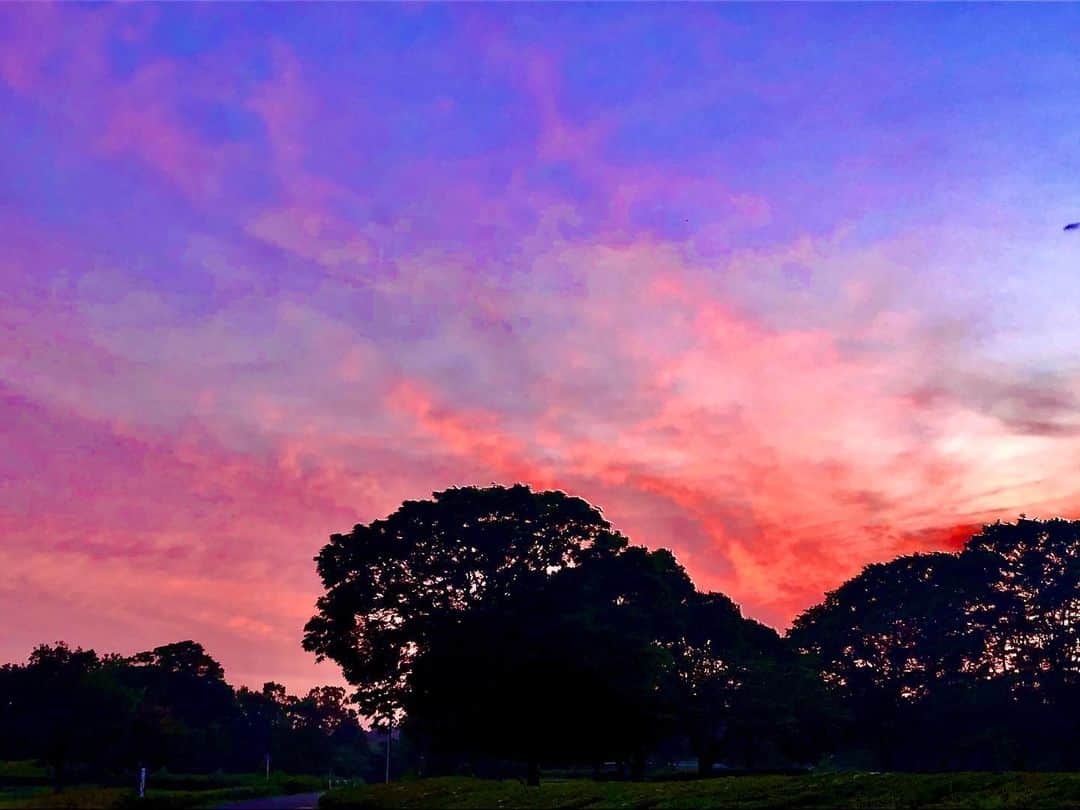 みんなのニュース「上を向いて歩こう」のインスタグラム：「赤×青  空が綺麗だと気持ちも上がる😊 自然のパワー💪  #上を向いて  #いつも同じ道いつも違う空 #朝日  #空が好きな人と繋がりたい  #空が好き  #日の出 #雲が好き  #トワイライト #空のアート」