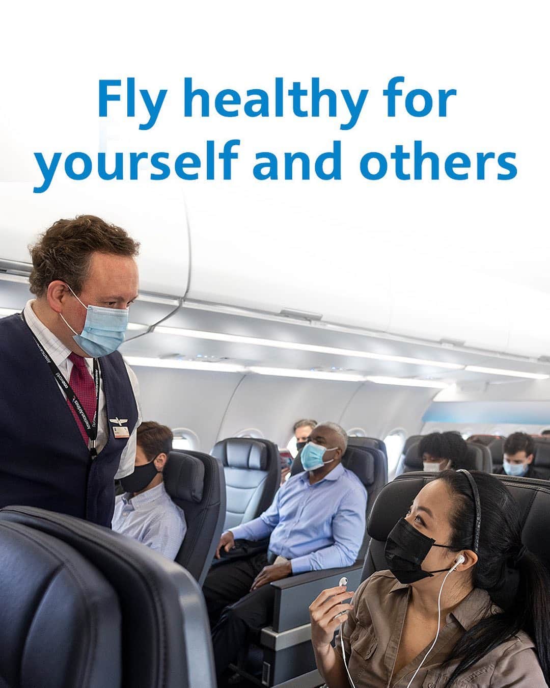アメリカン航空のインスタグラム：「To ensure everyone’s well-being and that you are traveling in the safest way possible, face coverings are required on board.」
