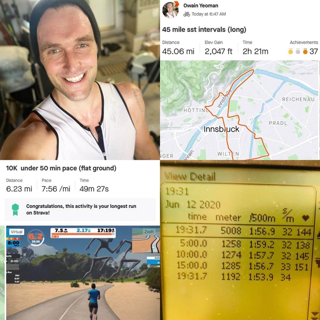 オウェイン・イオマンのインスタグラム：「Been a busy couple of #QuaranLEAN fitness days. Put in a sub 50 min 10K run which felt good and this morning followed up a 45 mile bike ride with a sub 20 min 5K row. Don’t ever let anyone set your limitations. Moving into my 40’s (and as much as it pains me to write that) I have never felt fitter or stronger. There is so much talk about health right now amid the Covid Pandemic but I think it’s also important to feed and maintain our mental health. We don’t have to run marathons, triathlons or feats of physical activity. Do whatever makes your mind, body and heart feel good. Healthy body, healthy mind seems more apt than ever in these trying times. Tell me in the comments below how you are keeping yourself physically and mentally in tune. Your stories always inspire me and let’s share them with other followers to inspire them and spread some light, kindness and positivity right now. We all need that more than ever. Keep setting your own goals and smashing them! I’m cheering for you and always lifted up by your support. I feel extremely lucky to be followed and supported by such an engaged and positive group of followers. Thank you all and wishing you a happy Friday (In Case quarantine had you still wondering what day of the week it was!! 😜👍🏻). Much love O. X #quaranlean #fitness #workingonmyfitness #zwift #zwiftcycling #strava #concept2 #triathlon #tri #musttriharder #ironman #workout #run #bike #row #positivity #goodvibes #friday #tgif #weekend #healthy #healthylifestyle #healthybodyhealthymind #friday」