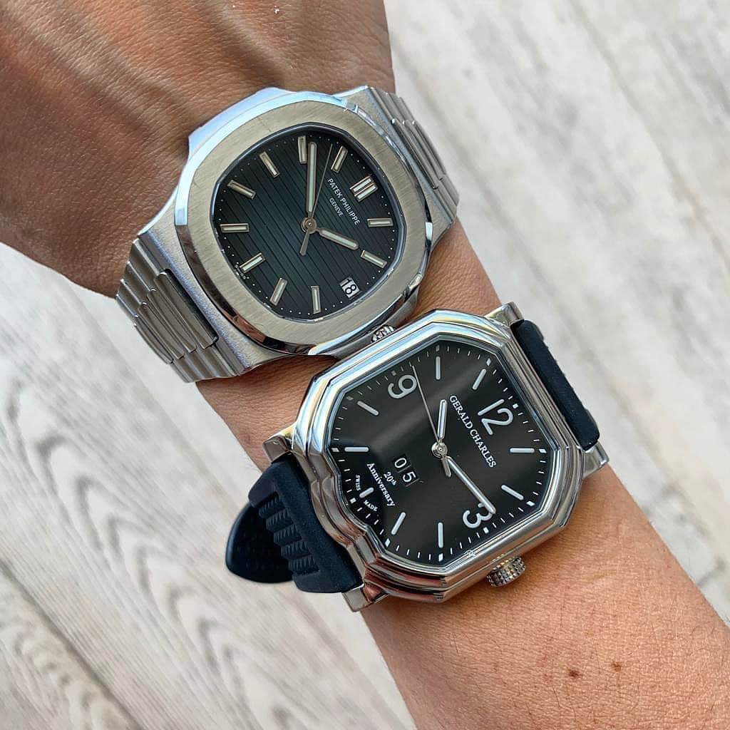 Daily Watchさんのインスタグラム写真 - (Daily WatchInstagram)「@GeraldCharles_Official x Patek Philippe Nautilus. Both watches was designed by Gerald Charles Genta. You already know the Nautilus but you might not know the Gerald Charles Anniversary model on the right. It features a unique design, automatic GCA131-9391 movement and it’s made in a limited edition of 252. Photo by @giorgiamondani #GeraldGenta」6月13日 4時43分 - dailywatch