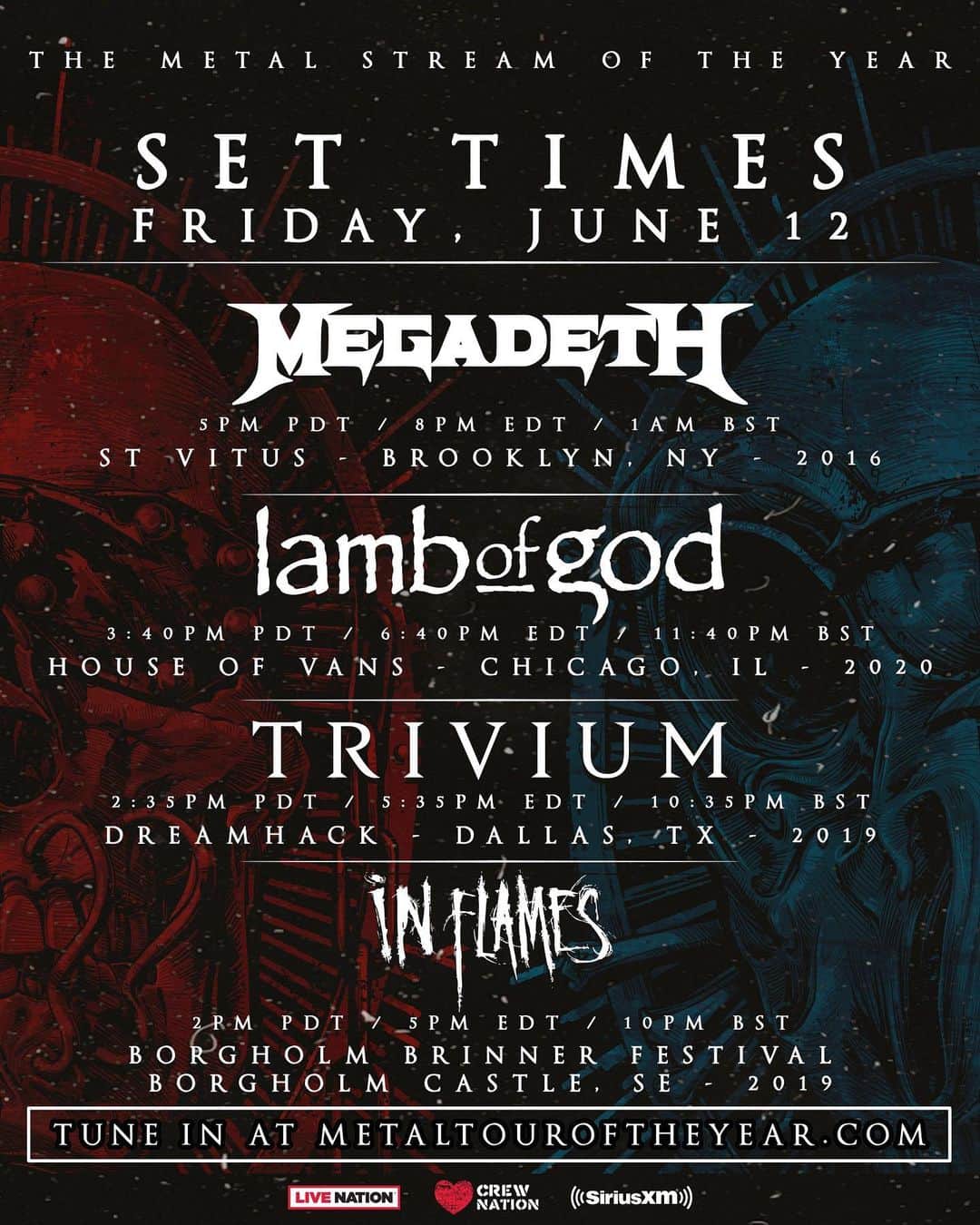 Megadethさんのインスタグラム写真 - (MegadethInstagram)「The Metal Stream of the Year starts in 5 minutes! These are your set times. Here we go! Link in bio.」6月13日 5時56分 - megadeth