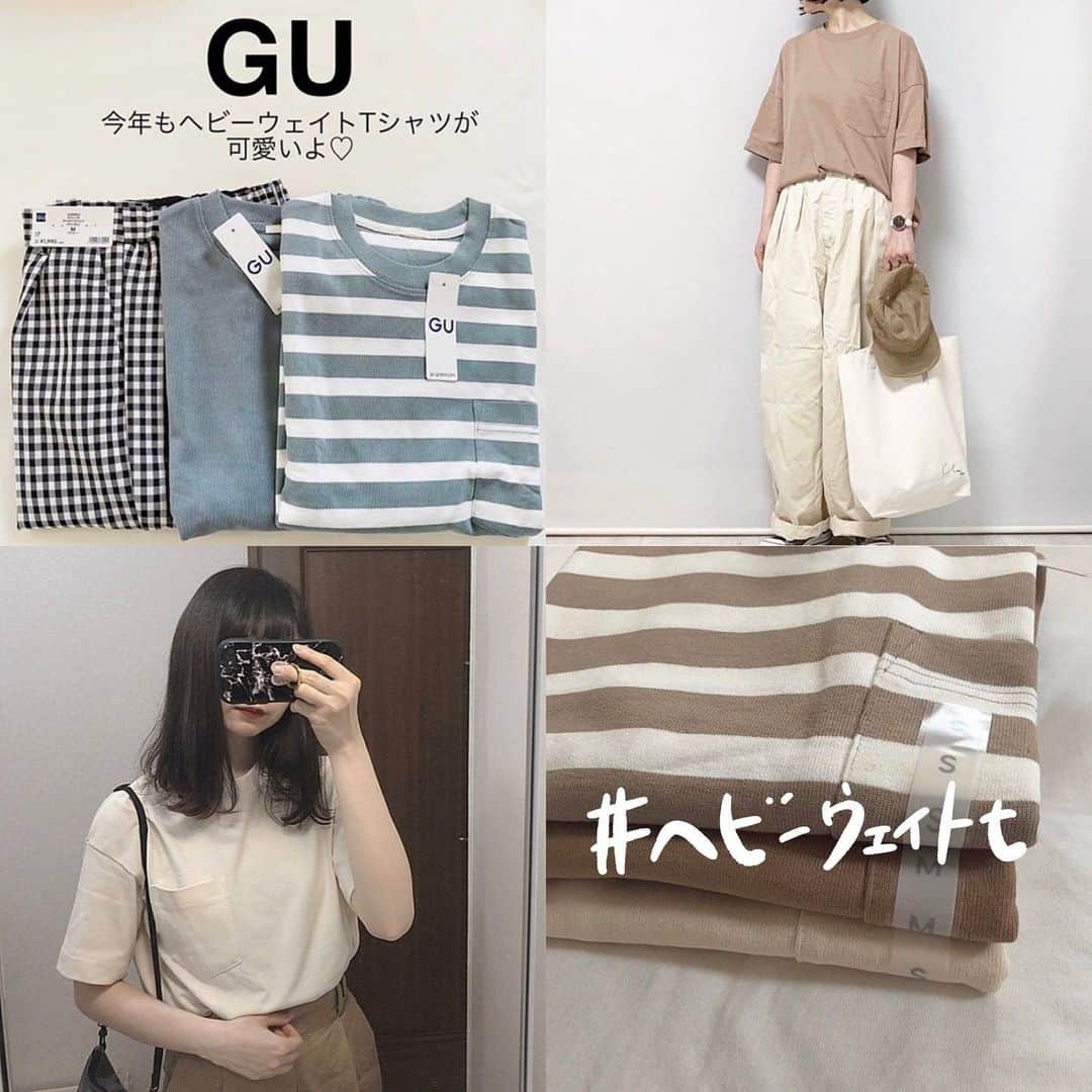 古着女子さんのインスタグラム写真 - (古着女子Instagram)「\ 徹底比較！UNIQLO、GUのTシャツまとめ👒 /﻿ ﻿ 夏1枚は欲しい無地Tシャツ！﻿ 今回はそんなUNIQLO、GUの無地Tシャツの着こなし方をご紹介いたします！﻿ ﻿ 🍏GU：＃ヘビーウェイトT﻿ 値段がなんと¥990～で購入出来るので、ついつい集めたくなっちゃいます🥺カラバリも多いので、持っていると色んなコーデに合わせやすい🙌今時デザインのボーダーやくすみカラーなど、種類豊富です💕﻿ ﻿ 🍏GU：＃スムースT﻿ スムースtは透けないしっかりとしている生地なのに990円＋tax😳！！袖の丈感もちょうどよく、ぴったり過ぎず、大きすぎないデザインなので華奢見え効果も💯﻿ スムースtのカラーバリエーションはなんと13色！くすみカラーが多く、迷ってしまうほど可愛い色が多いので何色も買う人も急増中🌸﻿ ﻿ 🍏UNIQLO：メンズの＃クルーネックT﻿ 袖が長めで気になる部分もゆるっとカバーしてくれるので華奢見え感UP！ダボっと着たい方にはメンズサイズはおすすめです✨﻿ ベーシックな白や黒から、遊び心のあるピンクやイエローまで8種類のカラー展開！女の子らしすぎないカラーなのでメンズライクコーデにもおすすめです🌿﻿ ﻿ みんなも是非参考にして見てね！﻿ ﻿ ﻿ 🏡古着女子がプロデュースする古着ショップを紹介🏡﻿ ・9090 ナインティナインティ @9090s_ 👖👟﻿ ・Spoon  スプーン  @spoon__store 🥄✨﻿ ・nemne ねんね @nemne_store 🌿🥛﻿ ﻿ ﻿ 🌼公式LINE@→@furuzyo で検索🌼﻿ LINE@だけのお知らせや古着の疑問にも答えます！﻿ ﻿ ﻿ 古着を素敵に着こなしてる女性の方をRepostでご紹介させていただきます🐒写真は全てご本人様に【掲載許諾】をとっております﻿ ﻿ ﻿ ﻿ ﻿」6月13日 20時08分 - furuzyo