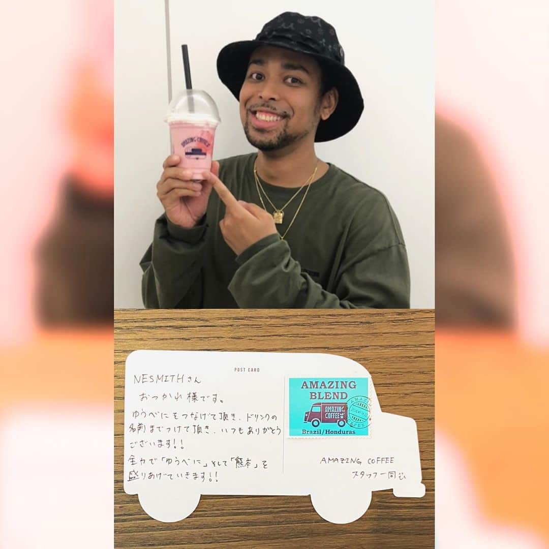 NESMITHのインスタグラム：「🍓サンキゅうべにーマッチ🍓 昨日からスタートしましたが、オープン直後に売り切れたとご連絡をいただき好評なようで本当にありがたいです🍓✨‼️ アメコスタッフさん一同からのお手紙もおもてなしとお心遣い、本当に素敵です😭✨✨ 梅雨入りもしてお足元悪い中中目黒店限定ではありますが、ぜひ皆さんお近くに来た際は元気いっぱいに商品名を大きな声でお伝えください😆😆😆🍓✨(笑) #ゆうべに #熊本 #サンキゅうべにーマッチ #🍓 @amazing_coffee_official  @exile_tetsuya_epi」