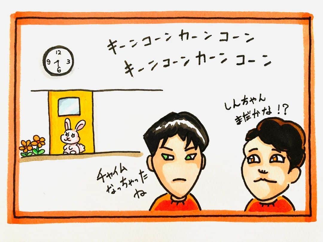 のインスタグラム：「‪『日常しんちゃん』18話‬ ‪#遅刻‬ ‪#はやと君とたくみ君としんちゃん‬ ‪#4コマ‬ ‪#なんでも野球に例えたがるしんちゃん‬ ‪#野球例え‬ ‪#やかましい🤣‬ ‪#原作さかとも‬ ‪#編集作画あれ慎之助‬ ‪今日20時からHAKUNAアプリでリモート読うりふたつスタート‼️‬ 『ガタ岡』から入ってきて下さいね✨」