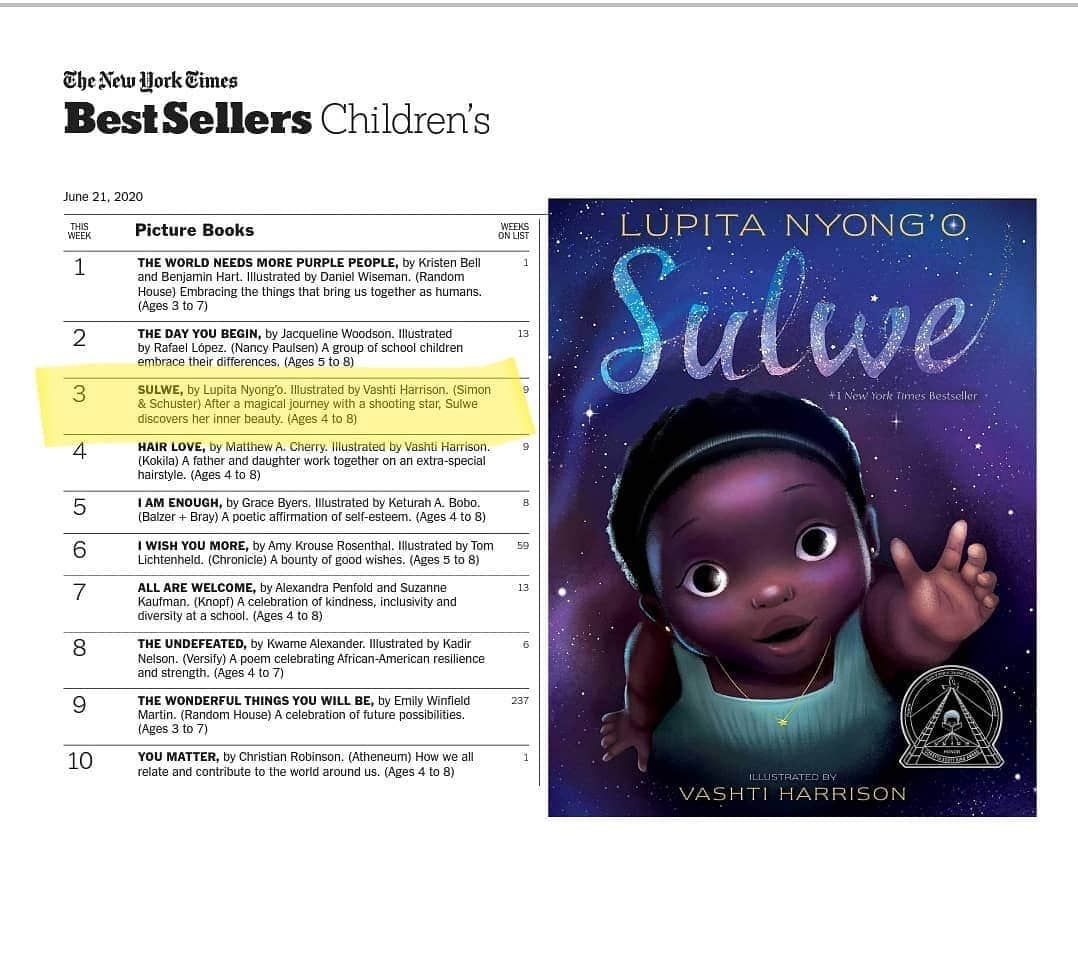 ルピタ・ニョンゴさんのインスタグラム写真 - (ルピタ・ニョンゴInstagram)「This week #Sulwe featured on the @NYTimes and Indie Bestseller lists again, a direct result of people recommending it as a tool to teach children about the complexities of race and racism. I feel proud and very moved that my work is proving useful at this time, as we work toward combating the beast that is racism. Racism is as real as the wetness of water. Period. But unlike water, we can and must do away with it. It wreaks havoc in our societies and in our minds, bodies and spirits. I wrote Sulwe to help stave off the damage that can be done when we internalize racial prejudice against our own dark complexions. When we exercise preferential treatment of people based on the color of their skin and its proximity to whiteness, that's called colorism. And colorism is just as reprehensible as its mother, racism. Let's do away with both! ¡Punto y aparte!  A special shoutout to our luminous illustrator @VashtiHarrison who has FIVE books on the children's bestseller list this week! Everything she has created edifies Black people.  Let's keep encouraging our children to radiate from within and continue fighting racism to ensure their lights never get dimmed. #BrightnessIsJustWhoYouAre」6月14日 6時22分 - lupitanyongo