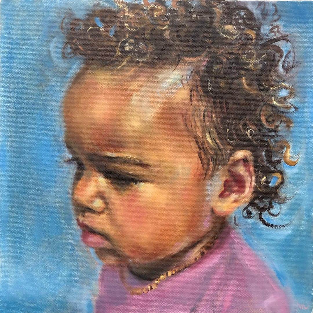 アンドリュー・J・ウェストのインスタグラム：「I asked my daughter, “who am I painting?” and she said “cute baby.” I guess the likeness isn’t bad.  Ava 10”x10”. #oiloncanvas #cutebaby #oilportrait」