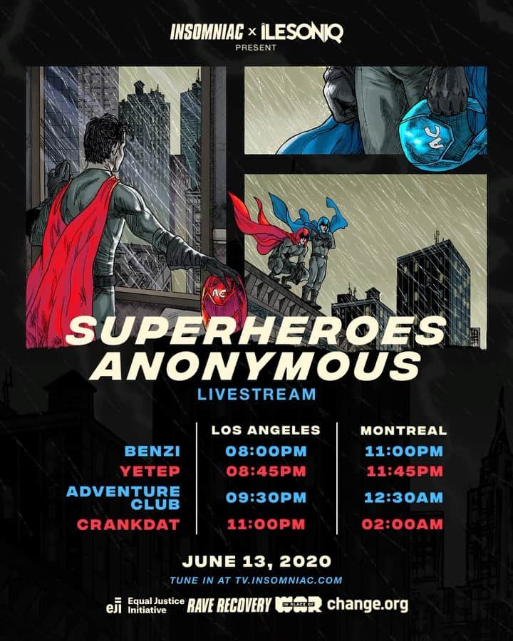 Adventure Clubのインスタグラム：「Superheroes Anonymous livestream TONIGHT, drop a ⚡️ if you’re tuning innnn🖤」
