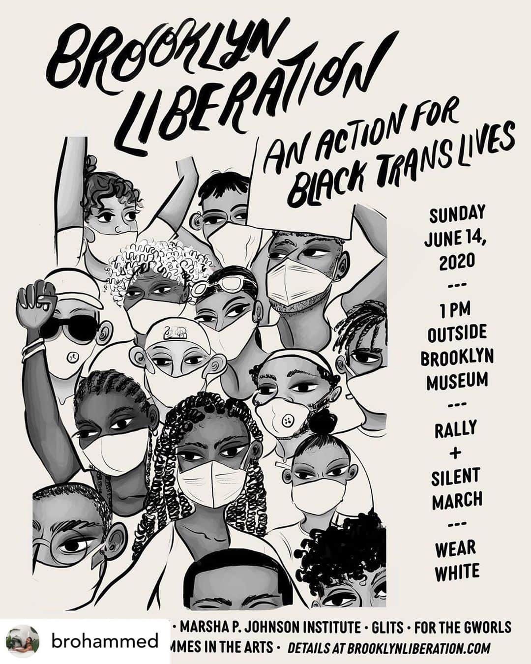 Grace Bonneyのインスタグラム：「Regram from (and art by)  @brohammed **NYC area please support and attend tomorrow’s rally and silent march in support of #blacktranslivesmatter Details here: rally + silent march, 1pm outside brooklyn museum. follow + uplift these incredible partners for leadership, guidance, and information: @theokraproject @mpjinstitute @glits_inc @forthegworls @btfacollective 🖤」