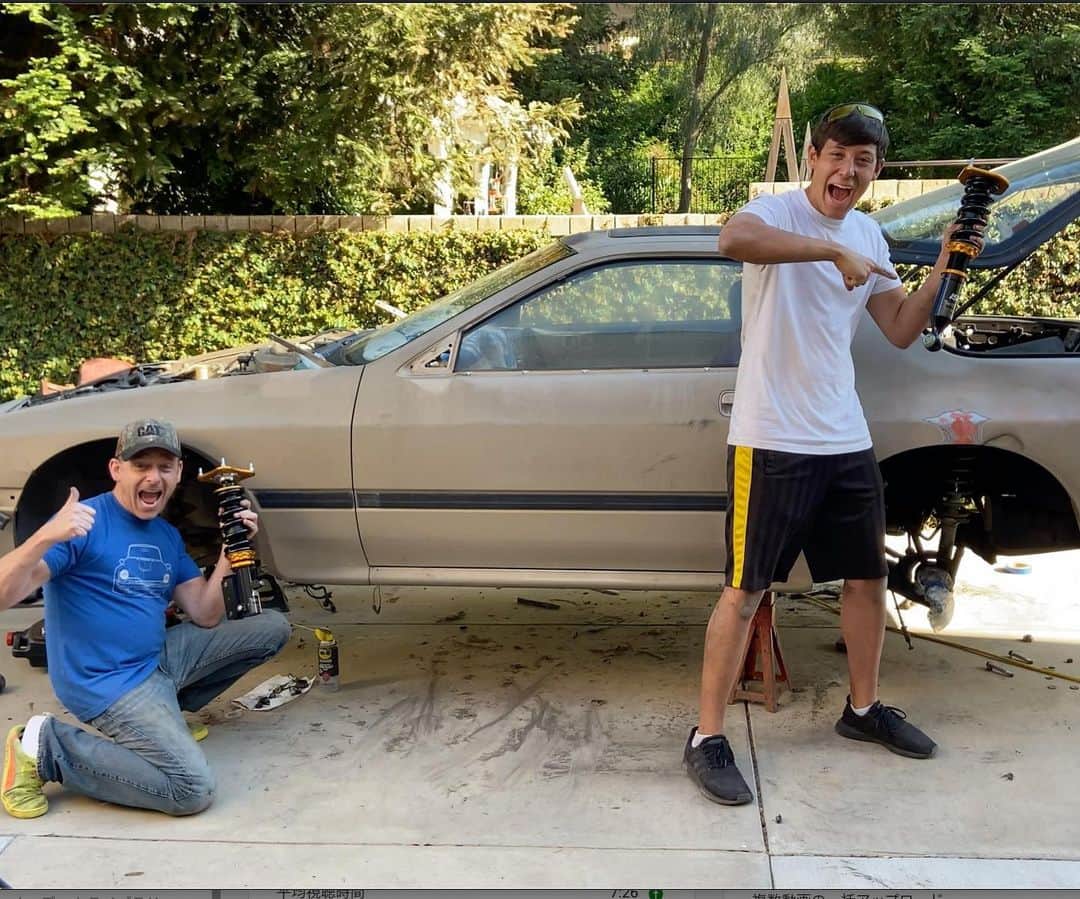 スティーブのインスタグラム：「Our Father son Rx-7 project is proceeding nicely. It’s time to lower the car now and there was no better company to turn to them @isc_suspension for our new coil overs!! The Kid’s Subaru also has ISC and we love the product!! RX-7を超シャコタンにしたい！！新品車高調をDIYで取り付けしてみた！頭文字D サバンナRX-7 FC 親子DIYプロジェクト Episode 11はただいま公開中！」