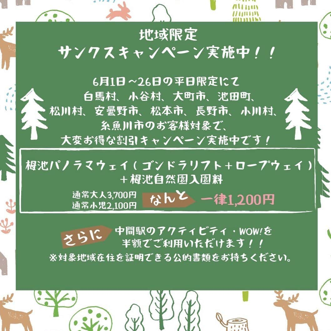 栂池高原スキー場さんのインスタグラム写真 - (栂池高原スキー場Instagram)「English is below! 🙌🏻地域限定サンクスキャンペーン実施中！🙌🏻🥳 6月1日～26日の平日限定にて 白馬村、小谷村、大町市、池田町、 松川村、安曇野市、松本市、長野市、小川村、糸魚川市にお住まいのお客様対象で、 大変お得な割引キャンペーン実施中です！ 栂池パノラマウェイ（ゴンドラリフト＋ロープウェイ）＋栂池自然園入園料  通常大人3,700円 通常小児2,100円 が、なんと一律１２００円！  中間駅のアクティビティ・WOW!を 半額でご利用いただけます！！ ※対象地域在住を証明できる公的書類をお持ちください。 👉🏻Now you can get the special discount tickets if you live in the following area! 👉🏻Subject area; Hakuba vil, Otari vil, Omachi-shi, Ikedamachi, Matsukawa vil, Azumino-shi, Matsumoto-shi, Nagano-shi, Ogawa vil, Itoigawa-shi. 👉🏻🏔🏔【Gondola lift & Ropeway & the tsugaike Nature Park Entry fee→ Standard fee 3700yen(Adult), 2100yen(Kids) NOW uniformly 1200yen!! PLUS The adventure park "Hakuba Tsugaike WOW!" is half price!!】🏔🏔🥳 👉🏻To purchase the discount tickets, it will require some formal documents that evidence the holder's addres, such as the residence card, driver's license stating them address. 👉🏻Period; 1 June to 26 June Week day only! Don't miss this opportunity!😉❤️ #白馬 #栂池高原 #割引 #格安#栂池自然園 #長野県 #長野観光#信州#山ガール#森ガール#おでかけ#お得情報#長野県民#japantravel #naganojapan #beautifuljapan #hakuba #松本市#長野市#松川村#安曇野市#池田町#小谷村#糸魚川#白馬村#小川村#大町市」6月14日 13時12分 - tsugaike_kogen