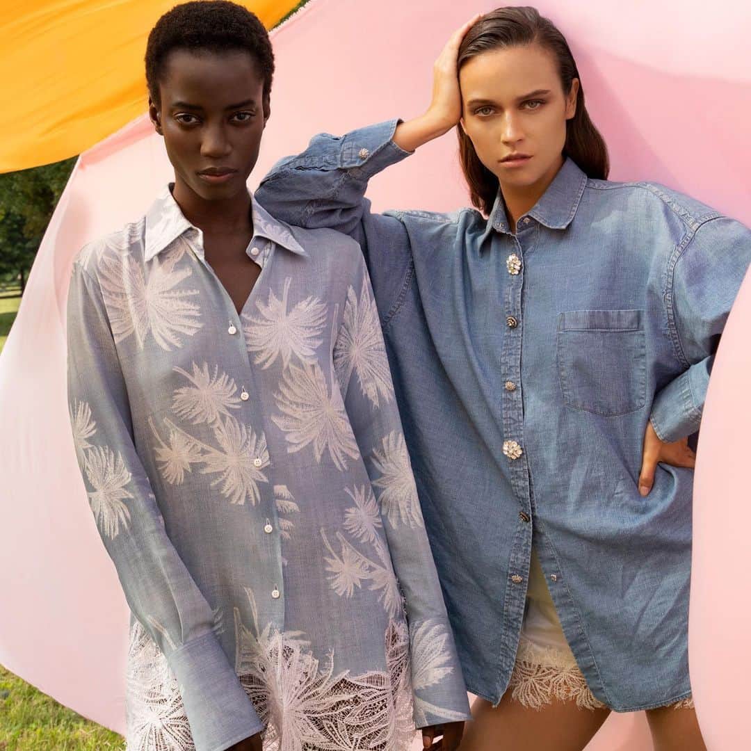 のインスタグラム：「Denim shirt with jewel buttons and tropical print viscose shirt with palm trees all over. . . #ermannoscervino #springsummercollection #ss20 #shirt #denim #jewels #palm #tropical」