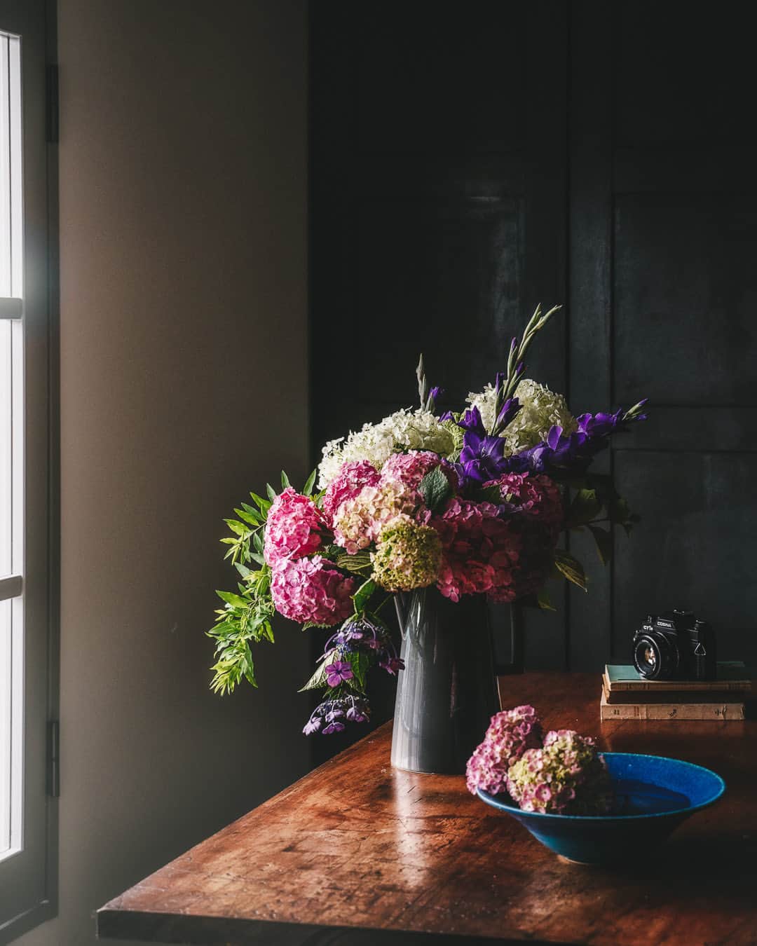 柳澤麻衣のインスタグラム：「Now is the best time to see hydrangeas. Have a good evening 💙 . 庭の紫陽花が見頃です。 今年はピンクの紫陽花が少し小ぶりでした✨」