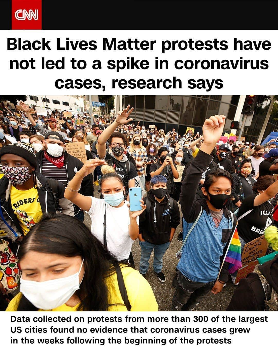 CNNさんのインスタグラム写真 - (CNNInstagram)「Despite warnings from public health officials, new research suggests Black Lives Matter protests across the country have not led to a jump in coronavirus cases. A new study from the National Bureau of Economic Research used data on protests from more than 300 of the largest US cities and found no evidence that coronavirus cases grew in the weeks following the beginning of the protests. "Our findings suggest that any direct decrease in social distancing among the subset of the population participating in the protests is more than offset by increasing social distancing behavior among others who may choose to shelter-at-home and circumvent public places while the protests are underway," the report reads. However, it's still possible that demonstrations may have caused an increase in the spread of the virus among those who attended protests, according to the report. (📸: Al Seib/Contributor)」6月29日 3時00分 - cnn