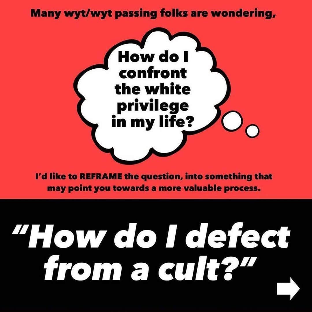 カテリーナ・スコーソンのインスタグラム：「Hi! Let’s unpack the word Cult. Some cults are cool (judge a tree by its fruit) but some cults are dangerous and abusive. If we’re not conscious of the ideologies we’re involved in there is more opportunity for abuse. Here’s a great analysis of white supremacy in this framework by @rafaelcasal  Let’s become conscious of the water we swim in so we can choose the schools we are a part of. 🐠 thanks @sumnermickey for reposting. @rafaelcasal」