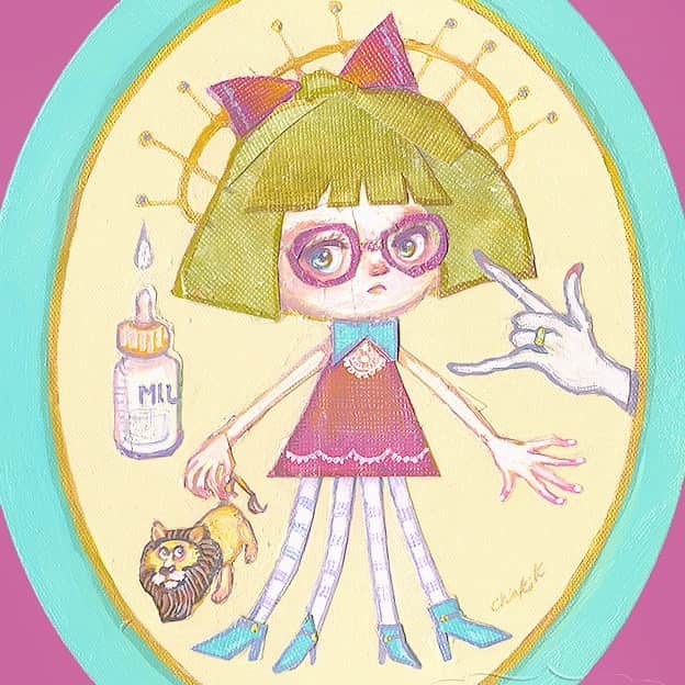 チアキコハラのインスタグラム：「《愛を発明したのは私》 . #god #lion #🦁 #art#artwork#illustration #baby #女の子#girlfriend  #acrylicpainting  #今日は突然のスコールにあいました☔️#🦇 #そのうち展示もしたいから新作作りますっ！」