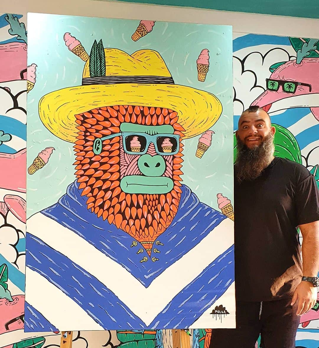 MULGAさんのインスタグラム写真 - (MULGAInstagram)「Eduardo Gelato The Third and myself often hangout and have a grand old time. You too can hang out with Eduardo, the original painting of him is available from my website 🦍😎🍦. ⁣ ⁣ The story of Eduardo Gelato the Third⁣ ⁣ His name was Eduardo Gelato the Third and his cuz was Sorbet Pete and he liked icecream nearly as much as Pete, maybe even more. He thought about eating icecream all the time and as a result the ice cream part of his brain was super muscular and he even developed the power to control any kind of icecream with his mind. It is known as The Ice Cream Force and it's even in the Star Wars movie in the bar scene with that really cool music and where that weird dude is playing the flute and Chewy mind controls some ice cream off another table when no one was looking. If you don't believe me go back and watch it, it's there, it really is.⁣ ⁣ The End⁣ ⁣ #mulgatheartist #eduardogelatothethirdhasspecialpowers #originalart #gorilla #gorillaart」6月14日 21時30分 - mulgatheartist