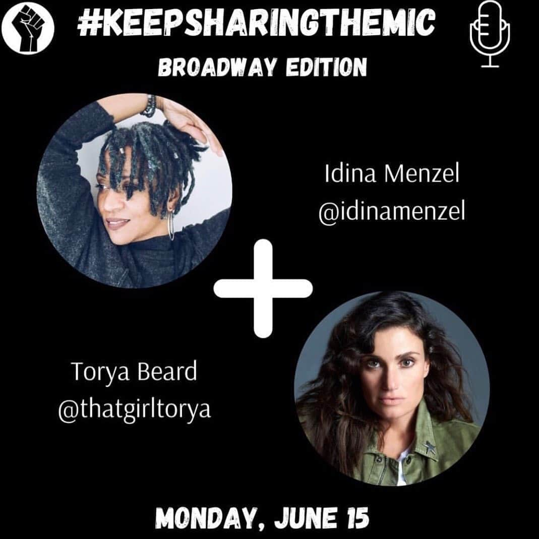 イディナ・メンゼルさんのインスタグラム写真 - (イディナ・メンゼルInstagram)「I am joining the #KeepSharingTheMic campaign.  Beginning tomorrow, my friend Torya Beard (@thatgirltorya), Executive Director of A BroaderWay Foundation (@abroaderway), will be curating and amplifying Black-led arts-related voices and causes on my Instagram account this week.  In addition to working with me at A BroaderWay for the past ten years, she has continued to work as a dancer, choreographer, mentor, creative collaborator, publicist, arts marketer, and producer. Torya is deeply committed to empowering young people through arts education and art-making. She is Co-Founder of tall poPpy and Original Tap House (@originaltaphouse), where she and her collaborators work to increase access and visibility for women, BIPOC, and other artists infrequently centered in the theater.  #sharethemicnow #broadwayedition」6月15日 9時19分 - idinamenzel