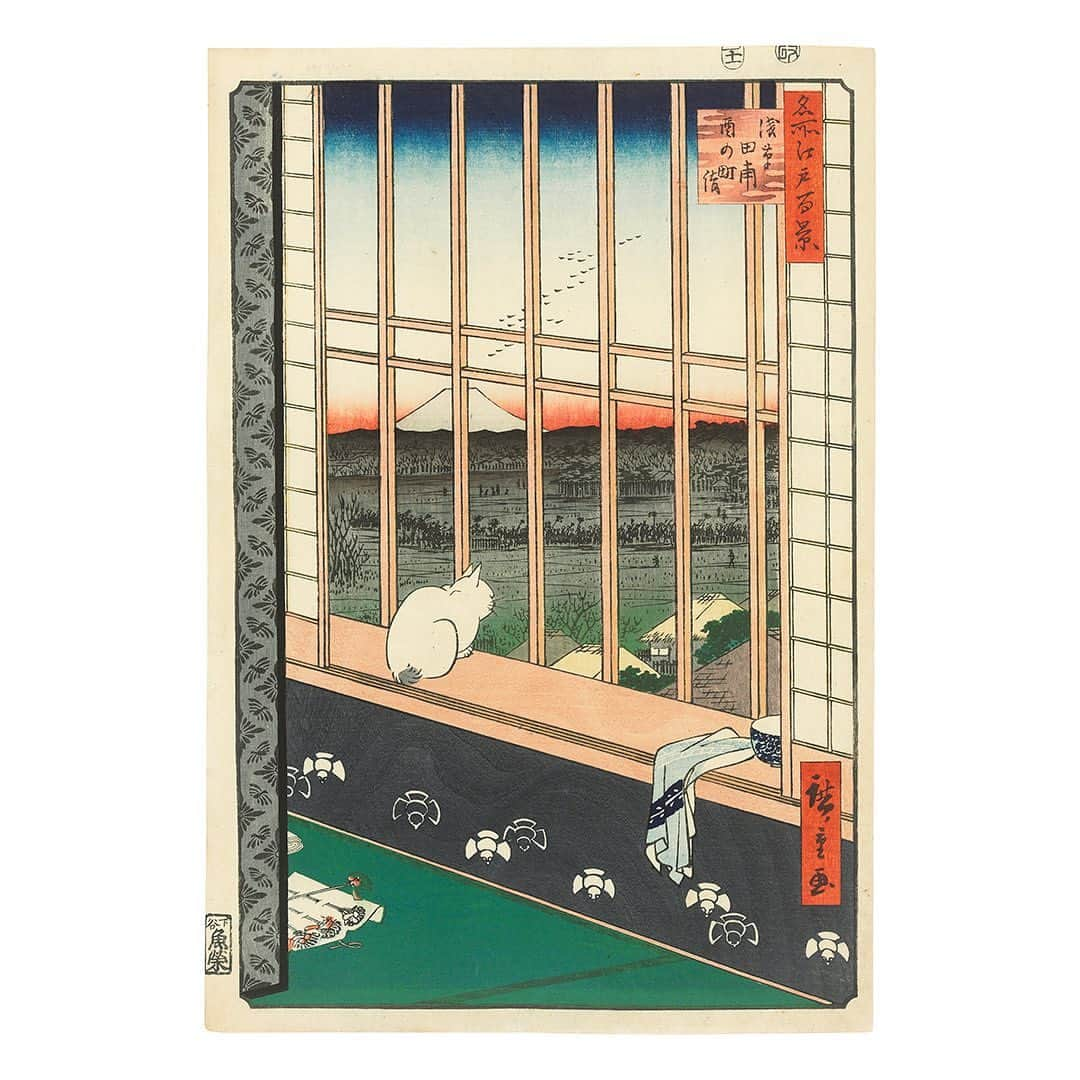 クリスティーズさんのインスタグラム写真 - (クリスティーズInstagram)「'Your order has been shipped.'⠀ .⠀ From Utagawa Hiroshige's popular series 'One Hundred Famous Views of Edo', made up of 119 ukiyo-e prints and published during 1856-1859, this woodblock print depicts a white cat looking out over the Asakusa rice-fields. A view of Mount Fuji is seen in the southwest with a silhouetted line of a festival procession across the paddies below.⠀ .⠀ Learn more about the significance of the city of Edo in our Japanese woodblock prints collecting guide. ⠀ .⠀ Utagawa Hiroshige (1797-1858). 'Asakusa Ricefields and Torinomachi Festival (Asakusa tanbo Torinomachi mode)', 1857. Estimate £12,000-15,000.⠀ .⠀ From Artist to Woodblock: Japanese Prints. 11-18 June, Online.⠀ .⠀ #japaneseart #japaneseartist #woodblockprint #ukiyoeprint #japan #edo #hiroshige #utagawahiroshige」6月15日 1時48分 - christiesinc