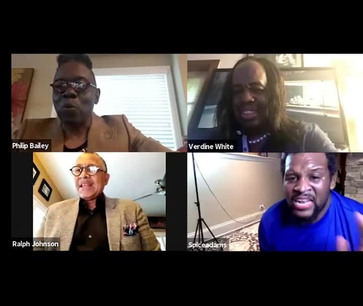 アース・ウィンド・アンド・ファイアーのインスタグラム：「🤔It doesn't look like Water's (@spiceadams) choreography will work out, but perhaps his new wardrobe ideas for the band will? ⠀ #EWFW Earth, Wind, Fire & Water」