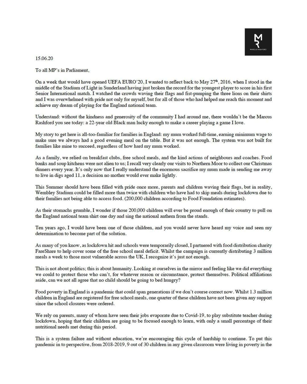 マーカス・ラッシュフォードさんのインスタグラム写真 - (マーカス・ラッシュフォードInstagram)「‪An Open Letter to all MPs in Parliament...‬ ‪#maketheUturn ‬ ‪Please share and tag your local MPs」6月15日 8時01分 - marcusrashford