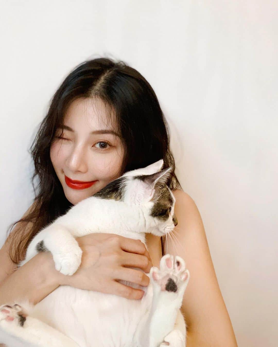 張香香のインスタグラム：「🐱：快放本喵下來😾💢 🤣🤣🤣 翻到這張我在拍唇膏 麥麥一直玩我衣服繩子搗亂 索性直接硬抱她來拍了幾張 @maimai.papa 表示傻眼貓咪😀」