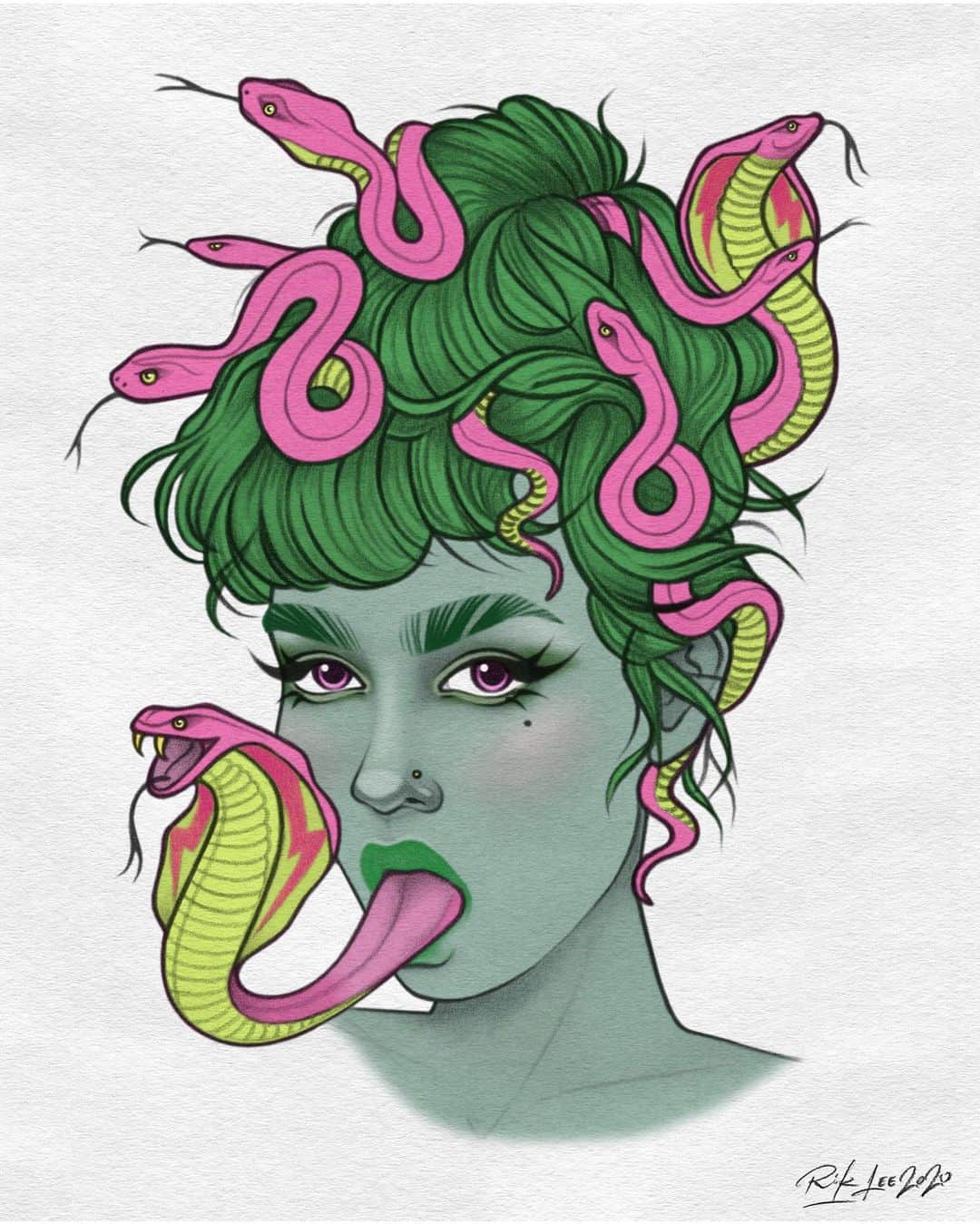 Rik Leeさんのインスタグラム写真 - (Rik LeeInstagram)「I spent a day playing around with different colour combinations for my Medusa drawing. Typically, I was indecisive and couldn’t settle on one. Here’s my current favorites. Which colour combo do you think works best? Pink snakes or green snakes? Should I try something else? Or go with both? Sssssssso many decisionssssss 🐍 . #riklee #medusa #illustration #art #design #tattoo #snake #goddess #mythology #drawing」6月15日 10時46分 - rikleeillustration