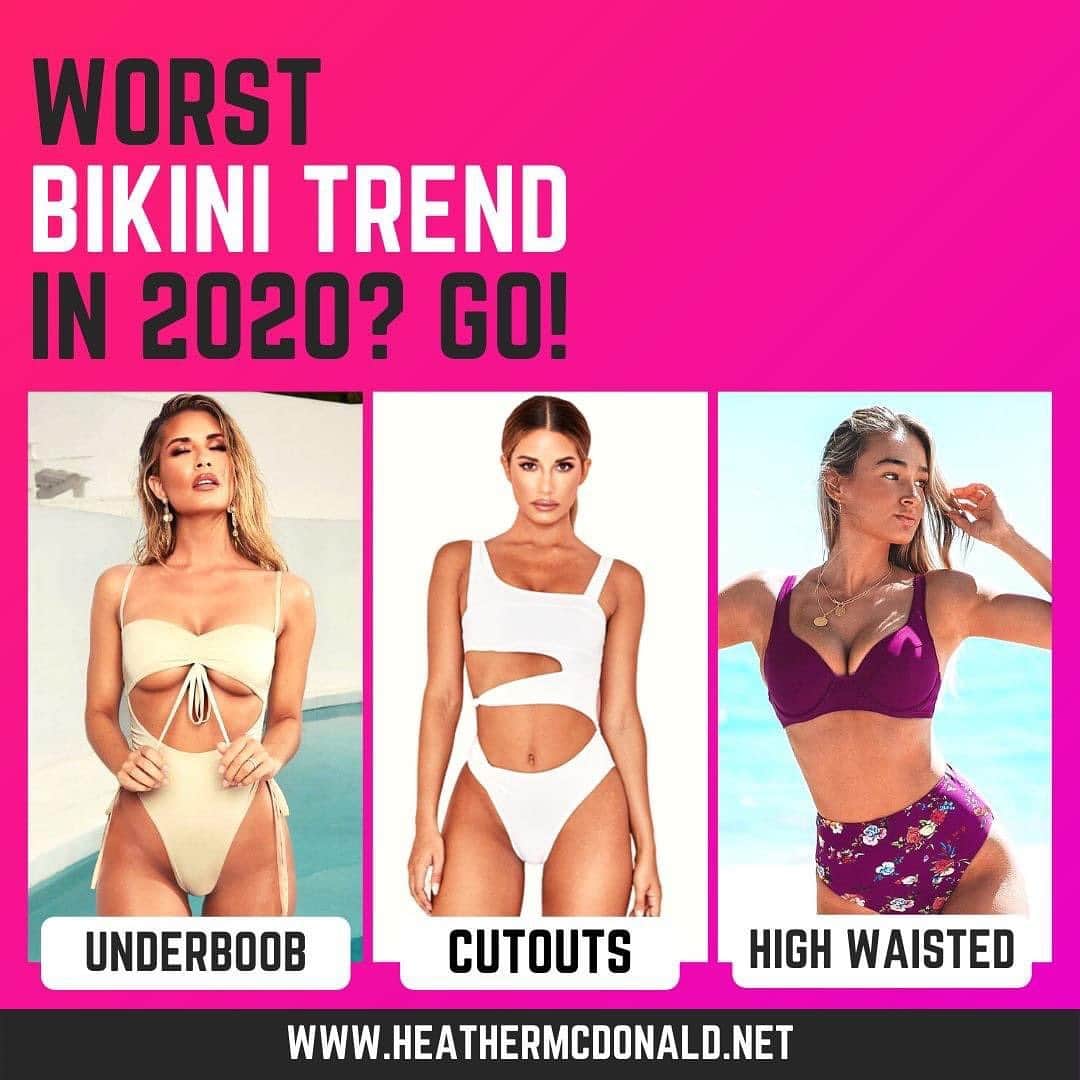 ヘザー・マクドナルドのインスタグラム：「Alright, time to pick the WORST new bikini trend! GO! #JuicyScoop  1) Underboob cleavage bikinis 2) Weird one-piece cutout bikinis 3) High waisted what's even happening right now bikinis  #bikini #bikinitrend #fashiontrends #fashionfail #worsttrends #beachfashion」