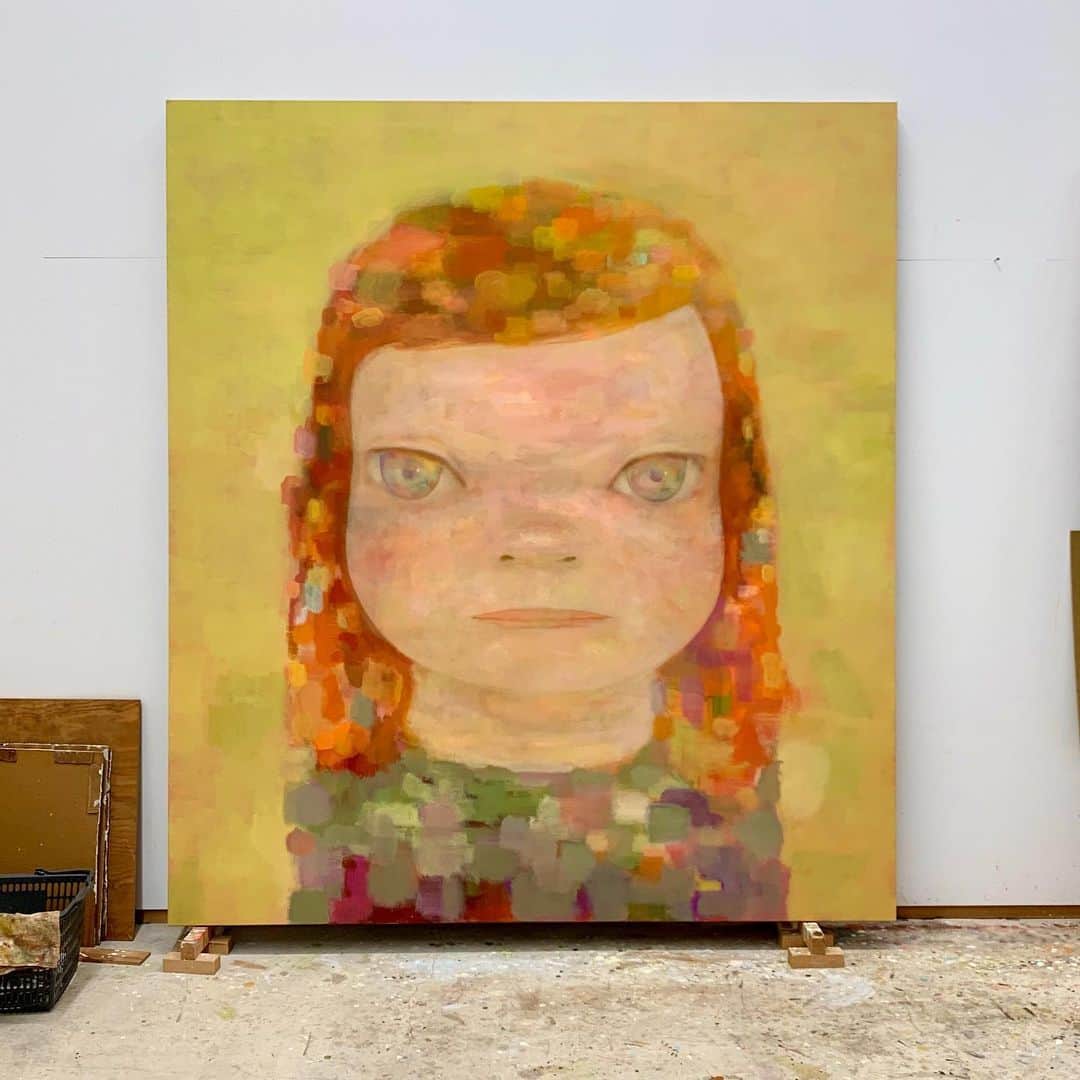 奈良美智のインスタグラム：「Klimt +  Vuillard + Nara ? It’s a playful painting for me. really enjoyed. but I couldn’t finish it.  and cheer board in my studio.」