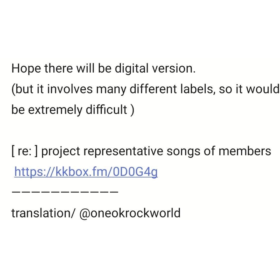 ONE OK ROCK WORLDさんのインスタグラム写真 - (ONE OK ROCK WORLDInstagram)「- ■台湾のメディアサイト　@kkbox_jpop 　6/11投稿の記事より、[re:]プロジェクトについて、またそれに伴って先日Takaが行ったロング・インスタライブの内容がまとめられている。 詳しくはTaka @10969taka の最新のインスタライブをチェック! - Repost from @kkbox_jpop - - Taka、清水翔太找來6位歌手合唱〈再一次〉的始末⋯⋯﻿ ﻿ 疫情正在蔓延的4月，不只一般民眾，暫停活動的歌手們內心也都感到徬徨。﻿ Taka和清水翔太這時登高一呼，找來身邊同世代、同想法的歌手三浦大知、Nissy、KENTA (WANIMA)、絢香、Aimer、阿部真央，8人一起參與這個音樂企劃！﻿ ﻿ Taka和清水翔太先完成簡單的旋律，之後Taka再決定哪些部分採用哪個歌手演唱，他坦言相當難抉擇，也大喊：「歌不夠長啦！」﻿ ﻿ 上週歌曲發布之後，Taka特地開了場馬拉松直播，與清水翔太、三浦大知、Nissy、KENTA、阿部真央等人聊認識契機、製作過程，以及今後的計畫。﻿ ﻿ 希望這首歌有機會數位上架啊🙏﻿ （不過跨了這麼多廠牌合作，過程大概會很艱辛😅）﻿ ———————————﻿ [ re: ] project參與成員名曲在這👇﻿ 🎧 https://kkbox.fm/0D0G4g﻿ ———————————﻿ #oneokrock #oneokrocktaka #ワンオク #清水翔太 #三浦大知 #Nissy #西島隆弘 ﻿ #KENTA  #WANIMA #絢香 #Aimer #阿部真央」6月15日 16時00分 - oneokrockworld