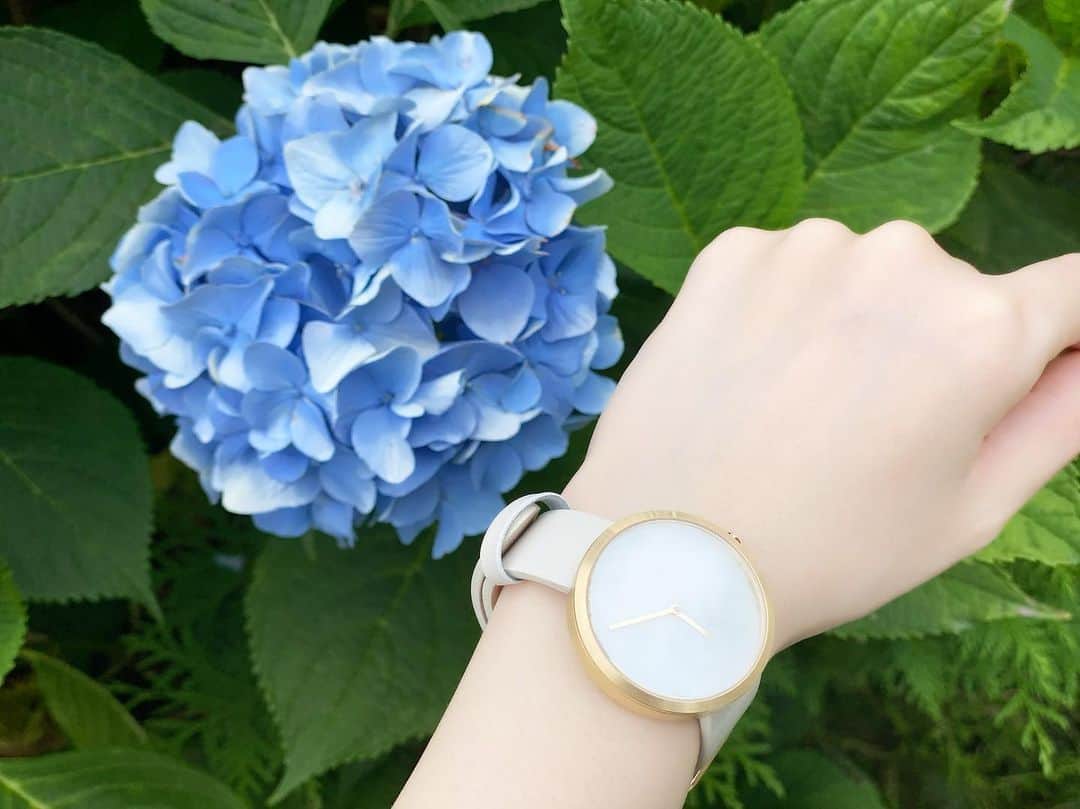 桜咲千依のインスタグラム：「MAVEN WATCHES さんの時計✨ 写真第2弾⌚🌸 前回はおうちの中で撮ったので今回は、太陽の光の元にて( *´꒳`* )  文字盤の大理石はもちろん可愛いのですが白ベルトなので、夏のオシャレを楽しめる時計だなって思いました🌻  お花と時計可愛いな😊💗 (ポートレートモードを使いこなしたい...) 10%の割引になるお得なクーポンコードもぜひご利用ください❤ 【ousakez】  #マベン #マベンウォッチズ  #時計 #腕時計 #mavenwatches」