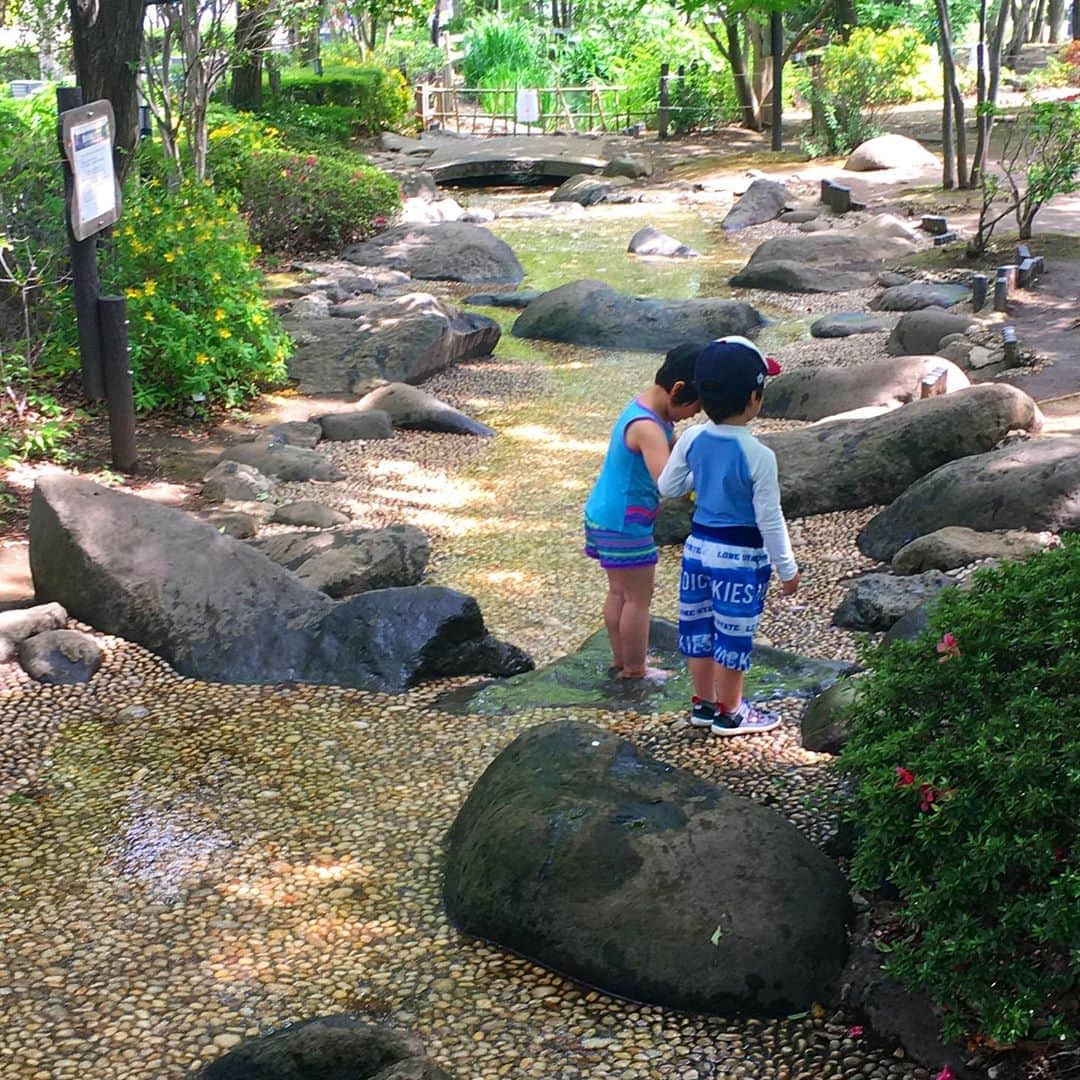 蒲生麻由のインスタグラム：「梅雨の合間の貴重な晴れ☀️ 今日はジャブジャブ池で水遊び❗️ 丸一日思いっきり遊びました🏝  #mamalife #男の子ママ #水遊び  #ジャブジャブ池 #ピクニック #東京ど真ん中のオアシス #梅雨の晴れ間」