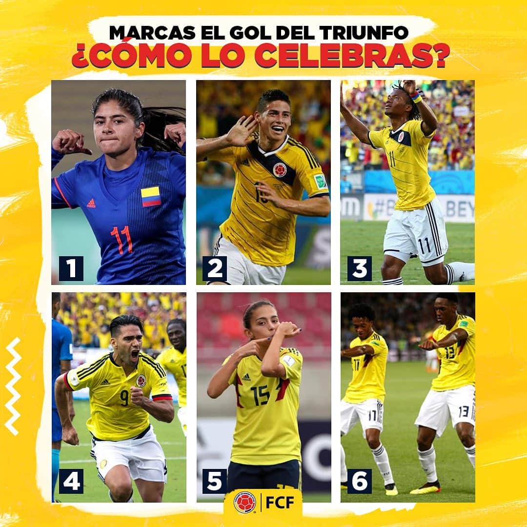 サッカー コロンビア代表チームのインスタグラム：「El balón te queda picando al borde del área y sacas un remate al ángulo para marcar el gol de la victoria de la Selección al minuto 9️⃣0️⃣ ⚽️🇨🇴🔥 ¿Cómo lo celebrarías? 🧐」