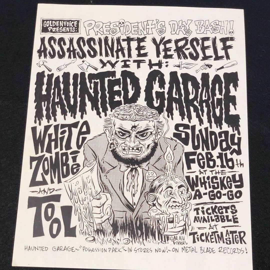 ロブ・ゾンビのインスタグラム：「Check out this old flyer from1992. I wonder whatever happened to those two opening bands WHITE ZOMBIE and TOOL. Oh well , it’s a tough business. Not everyone can be successful. #whiskeyagogo #whitezombie #tool #hauntedgarage #allthoseyearsago」