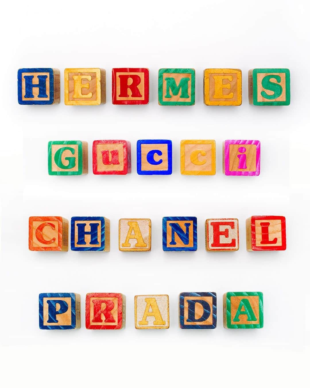 タイラー・シールズのインスタグラム：「In the future everything will be designer, this is a new work titled Brand names. A new edition to the Indulgence series. Brand Names is a take on the Childhood blocks we all grew up with, continuing the idea that one day everything will be brand name even kids toys. These images came to me as I was thinking about a gift to give a dear friend of mine who recently had a baby. These images were all shot on film on a Hasselblad camera and have a texture to the print that digital could never create.  Brand Names is my second vertical work that I have ever done as a print.  Swipe right to see it as a 60 inch print. Tag someone below who you think would have this in their home.」