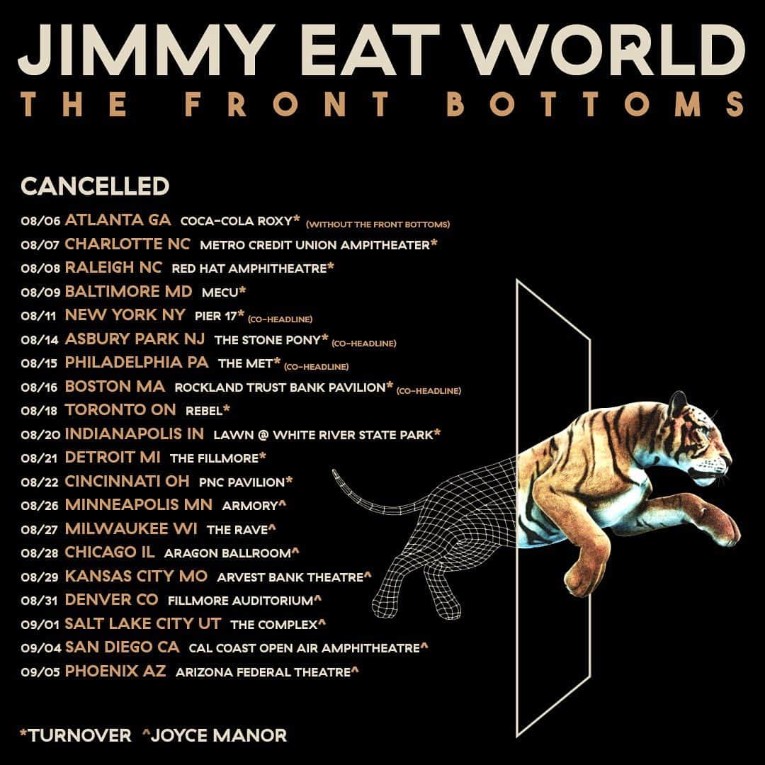 Jimmy Eat Worldのインスタグラム：「Hey Everyone - it comes as no surprise, but a bummer nonetheless, that we are pulling the plug on our tour with @thefrontbottoms that was set to kick off in August. If you purchased a ticket, you will be receiving an email with your refund options... We’ll be back on the road as soon as it’s safe to do so and in the meantime, stay well and keep your eyes & ears peeled for some fun stuff we’re working on.」