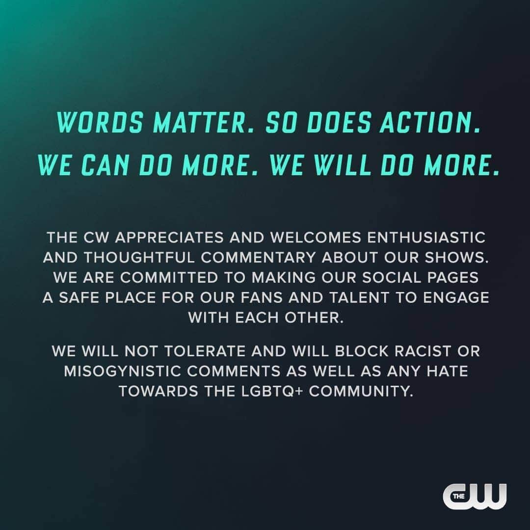 ヴァンパイア・ダイアリーズのインスタグラム：「Words matter. The CW is committed to making our social pages a safe place for our fans and talent. We will not tolerate and will block racist or misogynistic comments as well as any hate towards the LGBTQ+ community.」