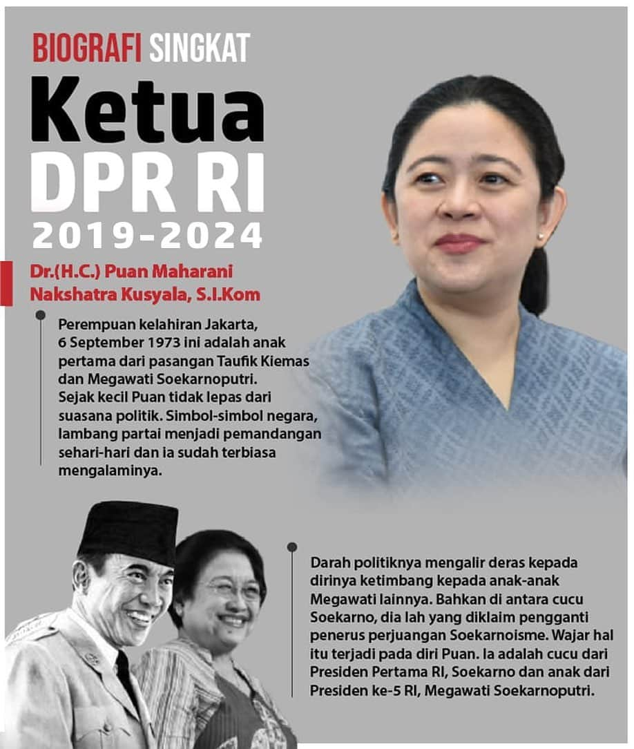 大槻ひびきのインスタグラム：「Biografi Singkat. . Dr.(H.C.) Puan Maharani Nakshatra Kusyala, S.I.Kom. . Ketua DPR RI 2019-2024. . Perempuan kelahiran Jakarta, 6 September 1973 ini adalah anak pertama dari pasangan Taufik Kiemas dan Megawati Soekarnoputri. . Sejak kecil Puan tidak lepas dari suasana politik. Simbol-simbol negara, lambang partai menjadi pemandangan sehari-hari dan ia sudah terbiasa mengalaminya. . Darah politiknya mengalir deras kepada dirinya ketimbang kepada anak-anak Megawati lainnya. . Bahkan di antara cucu Soekarno, dia lah yang diklaim pengganti penerus perjuangan Soekarnoisme. . Wajar hal itu terjadi pada diri Puan. Ia adalah cucu dari Presiden Pertama RI, Soekarno dan anak dari Presiden ke-5 RI, Megawati Soekarnoputri.」