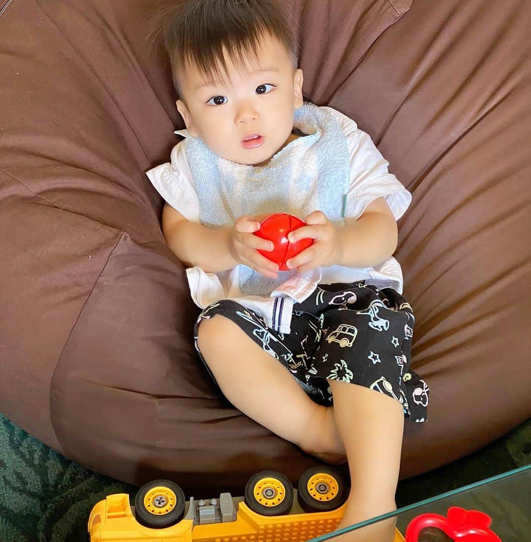 Momoeのインスタグラム：「えなの忘れ物のトマト🍅 ちゃっかり持って遊んでた（笑） えないつ会ってもかわいいんだよなぁ🥺💘 みよの姫💘 絶対将来あの可愛い子の幼馴染みとか 羨ましいよなぁって言われるよみよ🤤笑 . . #happy #家事 #育児 #family #家族 #boy #smile #男の子 #息子 #code #love #lucky #kids #子供 #thankyou #宝物 #ベビー #fashion #follow #心 #縁 #パパ #ママ #家族写真 #男の子ママ #赤ちゃん写真 #photo #子育て #1歳 #flower」