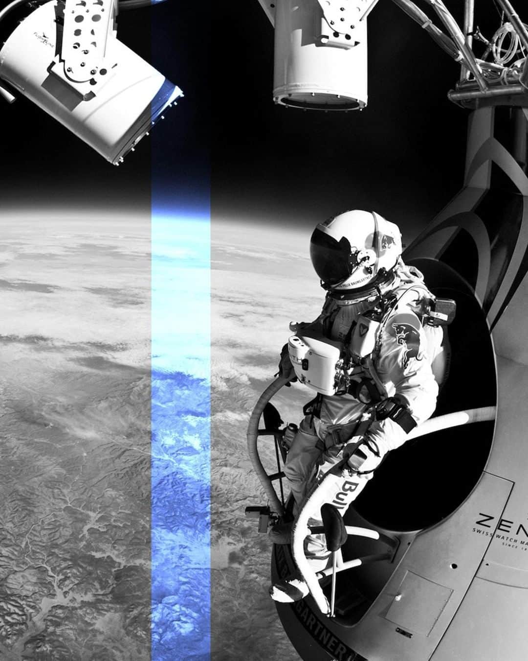ゼニスのインスタグラム：「#Heros: A leap of faith, from high above the earth. During Felix Baumgartner’s history-making freefall from the stratosphere in 2012, the daredevil set three world-records: The first jump in history to break the speed of sound in free-fall, the highest occupied flight in a balloon, and the highest free-fall; all this with a Zenith El Primero Stratos Flyback Striking 10th on his wrist.  #Zenith #FelixBaumgartner #RedBullStratos」