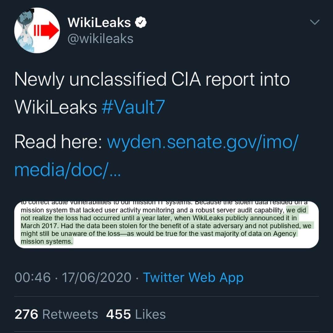 WikiLeaksさんのインスタグラム写真 - (WikiLeaksInstagram)「Newly unclassified CIA report into WikiLeaks #Vault7 Link in Story Highlights」6月17日 9時01分 - wikileaks