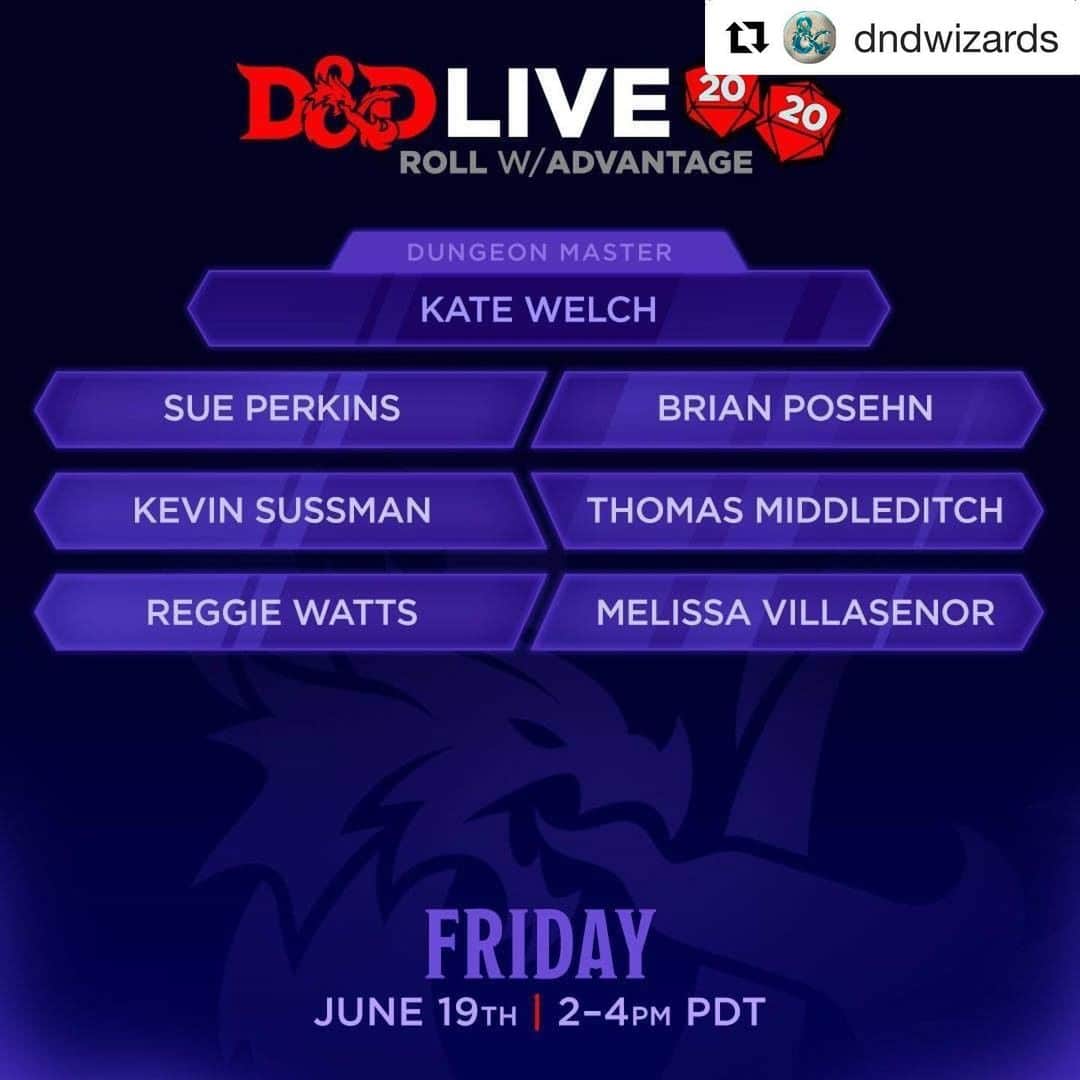 ケヴィン・サスマンのインスタグラム：「#Repost @dndwizards with @get_repost ・・・ What has @katewelchhhh  gotten herself into DMing for this hilarious bunch of troublemakers? #DnDLive2020 is bringing together comedians @tombini  @brianposehn @kevsussman  @reggiewatts  @melissavcomedy and Sue Perkins! Friday, 2pm PT, dndlive2020.com.」