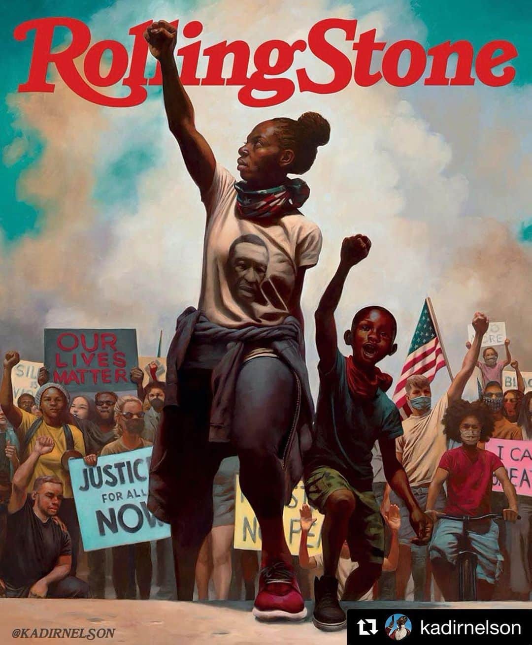 アダム・シャピロのインスタグラム：「#Repost @kadirnelson ・・・ AMERICAN UPRISING (After Delacroix’s Liberty “Leading the People”) by @kadirnelson for @rollingstone #rollingstonemagazine on newsstands in July 2020. #americanuprising #artivism #kadirnelson #delacroix #libertyleadingthepeople #blacklivesmatter Photos by @jungmiwha  PRINTS AVAILABLE @ STORE.KADIRNELSON.COM Shipping in JULY 2020 * A portion of the proceeds from the sale of AMERICAN UPRISING will fund art and socio-political literacy initiatives for youth. “With American Uprising, I wanted to create an image to commemorate this crucial moment in history and celebrate the African American women (and the allies that support them) that have spearheaded the movement against ongoing violence, and racial intimidation, and institutionalized discrimination, against African Americans.”」